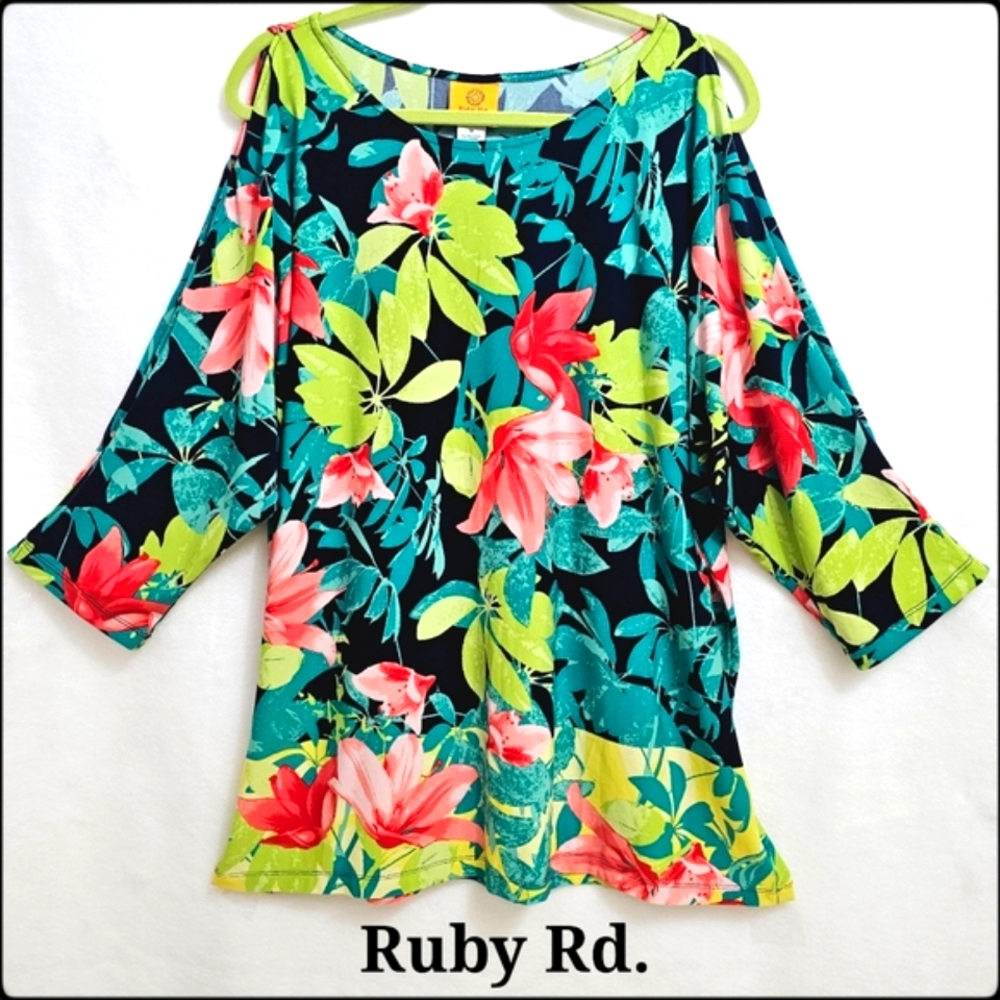 Ruby Rd., Colorful Botanical Tunic, Wrinkle Resistant Easy Care, Size 1X